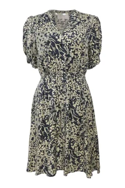 Navy viscose floral print plunge neck button-front half-sleeve A-line mini dress