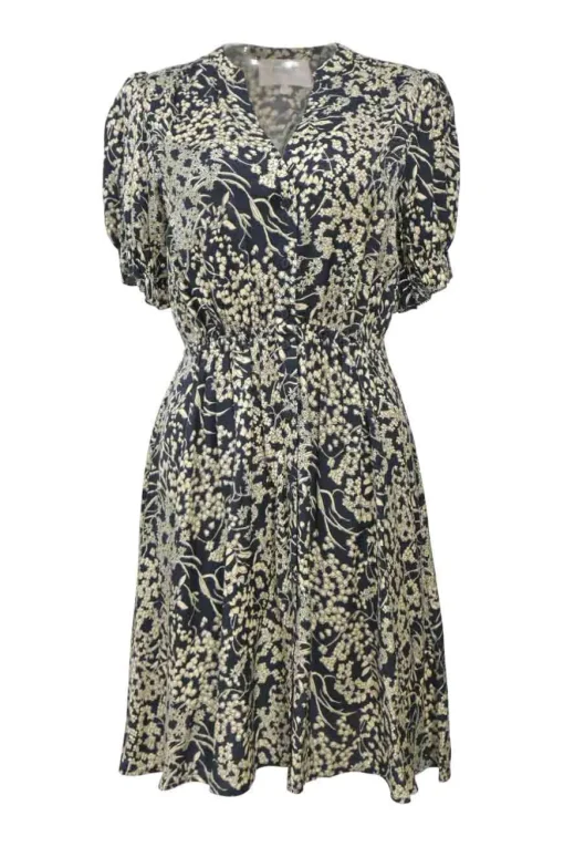 Navy viscose floral print plunge neck button-front half-sleeve A-line mini dress