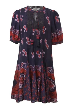 Navy viscose floral print tassel tie-neck keyhole-front half-sleeve swing-style shift dress