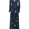 Navy viscose floral print button-loop plunge neck open-back long sleeve Magnolia maxi dress