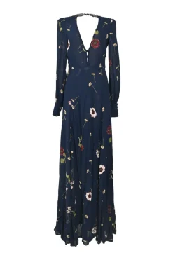 Navy viscose floral print button-loop plunge neck open-back long sleeve Magnolia maxi dress
