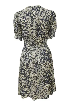 Navy viscose floral print plunge neck button-front half-sleeve A-line mini dress
