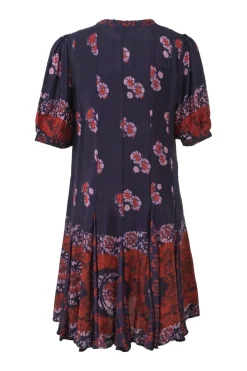 Navy viscose floral print tassel tie-neck keyhole-front half-sleeve swing-style shift dress