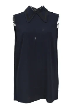 Navy viscose-blend button-back sleeveless blouse with dagger collar