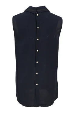 Navy viscose-blend button-back sleeveless blouse with dagger collar