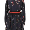 Navy viscose-blend floral monogram print long sleeve blouson dress with contrasting elasticated waistband