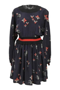 Navy viscose-blend floral monogram print long sleeve blouson dress with contrasting elasticated waistband