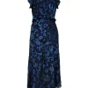 Navy viscose-blend floral devoré velvet flutter sleeve midi dress with cutout bodice and asymmetric handkerchief hem