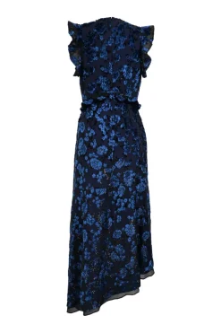Navy viscose-blend floral devoré velvet flutter sleeve midi dress with cutout bodice and asymmetric handkerchief hem