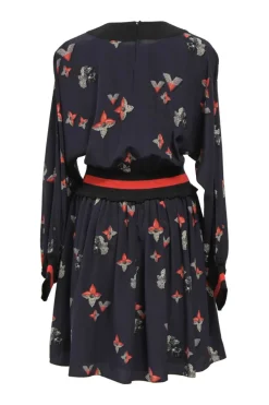 Navy viscose-blend floral monogram print long sleeve blouson dress with contrasting elasticated waistband