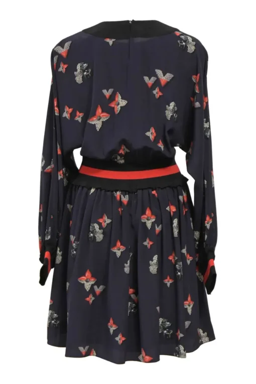 Navy viscose-blend floral monogram print long sleeve blouson dress with contrasting elasticated waistband
