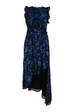 Navy viscose-blend floral devoré velvet flutter sleeve midi dress with cutout bodice and asymmetric handkerchief hem