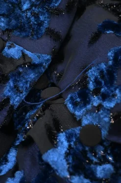 Navy viscose-blend floral devoré velvet flutter sleeve midi dress with cutout bodice and asymmetric handkerchief hem