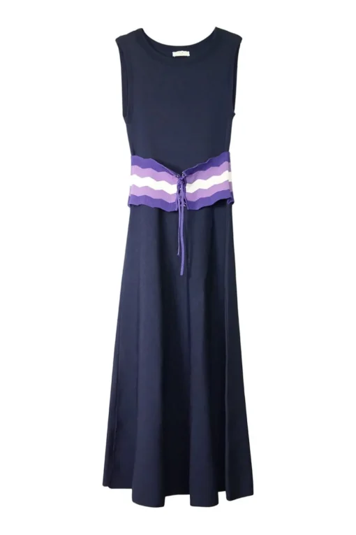 Navy viscose-blend fully-fashioned pullover A-line midi knit sleeveless dress with racked rib lace-up belt