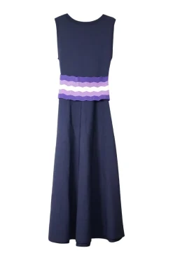 Navy viscose-blend fully-fashioned pullover A-line midi knit sleeveless dress with racked rib lace-up belt