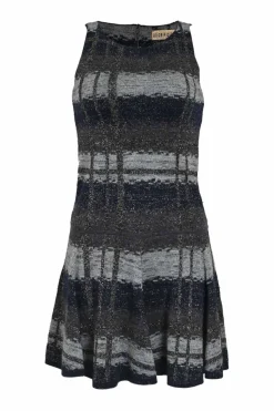 Navy viscose-blend glitter check jacquard knit sleeveless mini dress