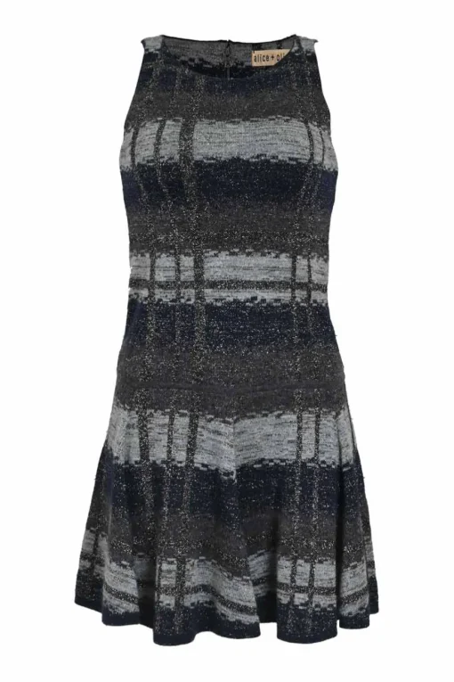 Navy viscose-blend glitter check jacquard knit sleeveless mini dress