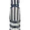 Navy viscose-blend striped crochet knit tiered column illusion maxi dress with side cutouts and tassel skirt