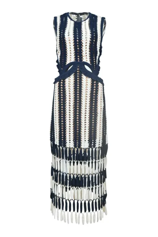 Navy viscose-blend striped crochet knit tiered column illusion maxi dress with side cutouts and tassel skirt