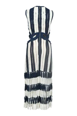 Navy viscose-blend striped crochet knit tiered column illusion maxi dress with side cutouts and tassel skirt