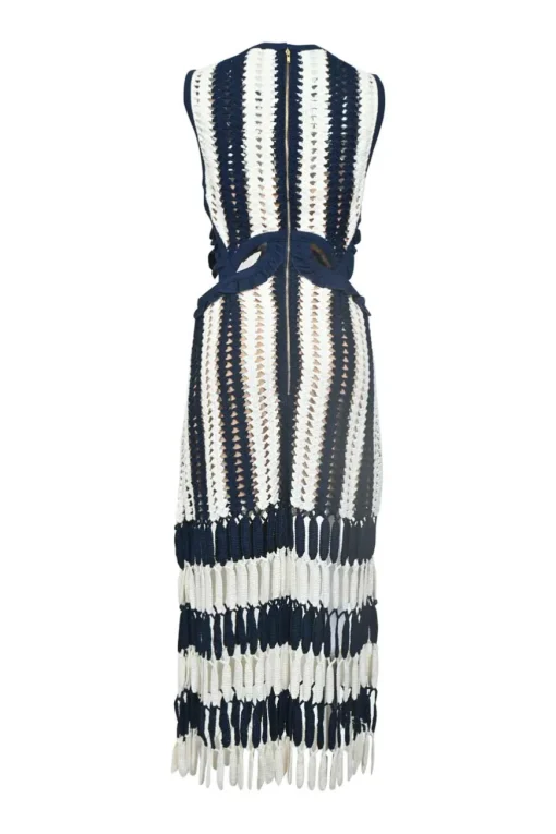Navy viscose-blend striped crochet knit tiered column illusion maxi dress with side cutouts and tassel skirt