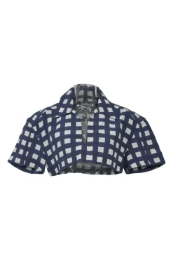 Navy viscose-silk blend check 'Le Haut Bebi' cropped spread collar top
