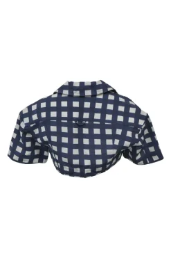Navy viscose-silk blend check 'Le Haut Bebi' cropped spread collar top
