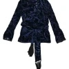 Navy viscose-silk blend floral devoré velvet tie-waist long sleeve blouse with keyhole back