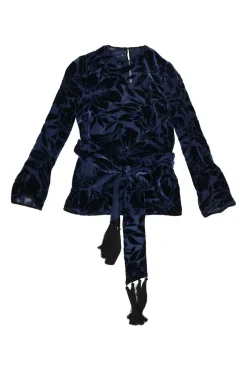 Navy viscose-silk blend floral devoré velvet tie-waist long sleeve blouse with keyhole back
