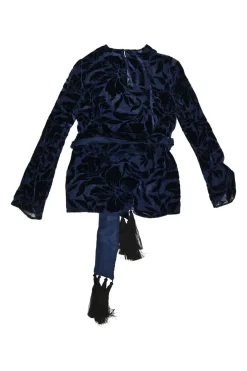 Navy viscose-silk blend floral devoré velvet tie-waist long sleeve blouse with keyhole back