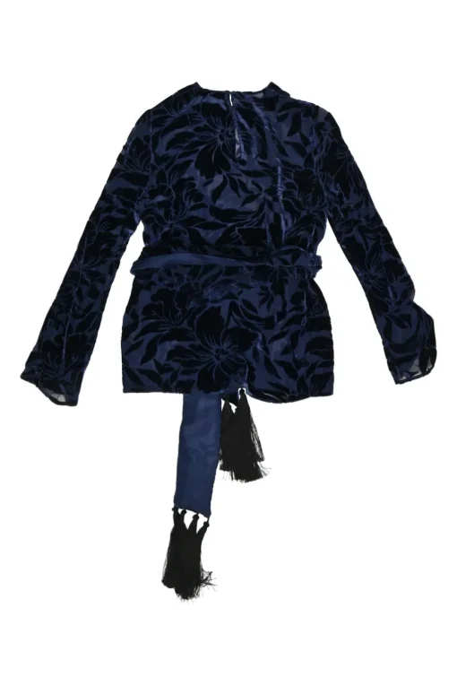 Navy viscose-silk blend floral devoré velvet tie-waist long sleeve blouse with keyhole back