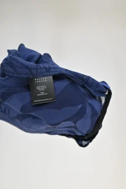 Navy viscose-silk blend floral devoré velvet tie-waist long sleeve blouse with keyhole back
