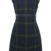 Navy wool Glen check tweed sleeveless A-line knee-length dress with contrasting leather waistband
