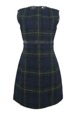 Navy wool Glen check tweed sleeveless A-line knee-length dress with contrasting leather waistband