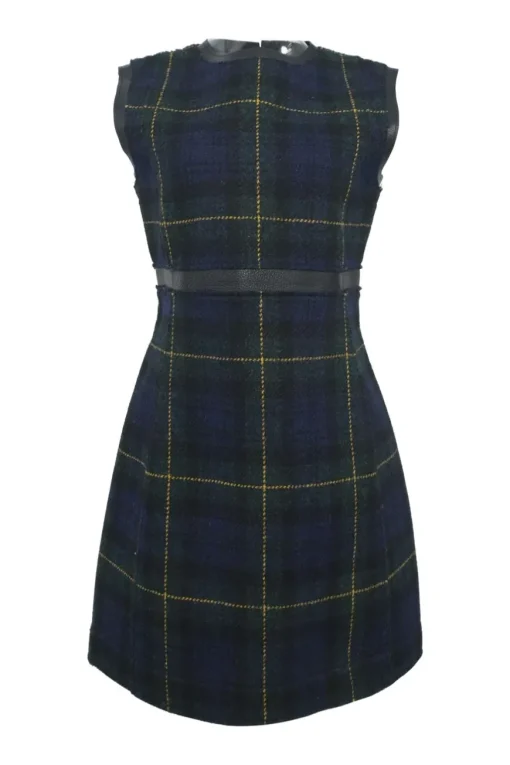 Navy wool Glen check tweed sleeveless A-line knee-length dress with contrasting leather waistband