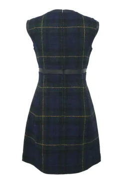 Navy wool Glen check tweed sleeveless A-line knee-length dress with contrasting leather waistband