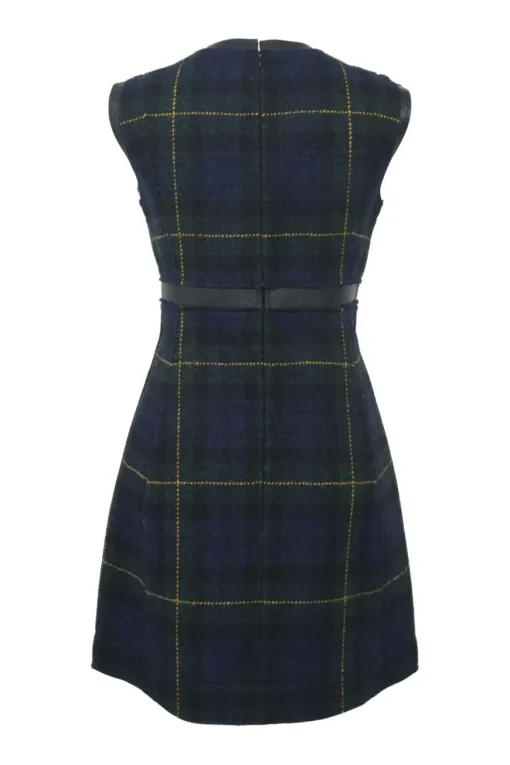 Navy wool Glen check tweed sleeveless A-line knee-length dress with contrasting leather waistband