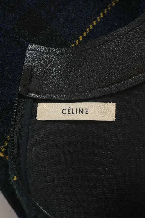 Navy wool Glen check tweed sleeveless A-line knee-length dress with contrasting leather waistband