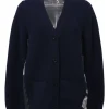 Navy wool mixed-media button-front cardigan with woven yoke and plissé back panel
