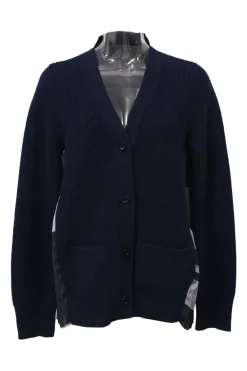 Navy wool mixed-media button-front cardigan with woven yoke and plissé back panel