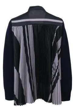 Navy wool mixed-media button-front cardigan with woven yoke and plissé back panel