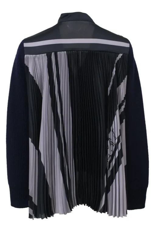 Navy wool mixed-media button-front cardigan with woven yoke and plissé back panel