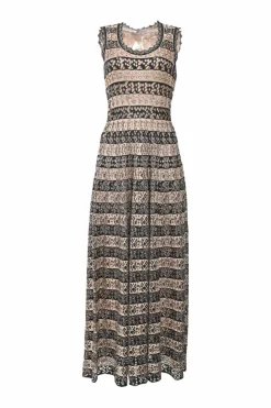 Neutral and black fully-fashioned drop-stitch striped pointelle maxi dress with scalloped edges