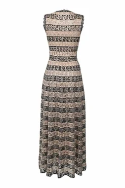 Neutral and black fully-fashioned drop-stitch striped pointelle maxi dress with scalloped edges