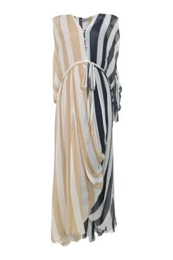 Neutral and navy paneled bias-cut silk tie-waist plunge neck blouson midi dress