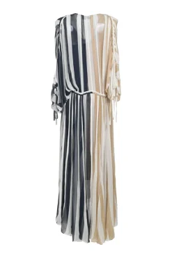 Neutral and navy paneled bias-cut silk tie-waist plunge neck blouson midi dress