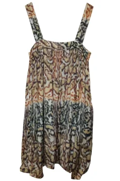 Neutral Cupro-cotton blend animal print pinafore mini shift with ruffle trim