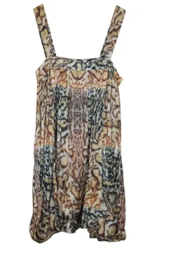 Neutral Cupro-cotton blend animal print pinafore mini shift with ruffle trim