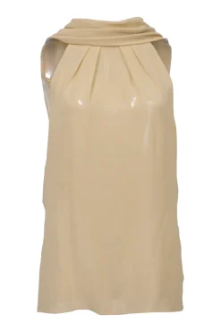 Neutral draped silk georgette portrait neck foulard blouse with keyhole back