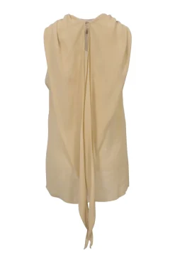 Neutral draped silk georgette portrait neck foulard blouse with keyhole back